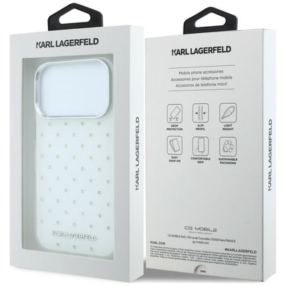 Ovitek za Apple iPhone 18 Pro Max / 17 Pro Max, Karl Lagerfeld, IML kristali in elektroplatiniran logotip, bel
