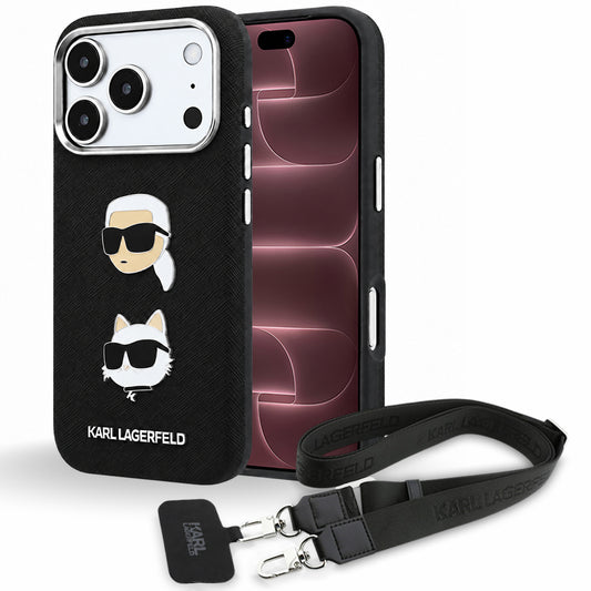 Ovitek za Apple iPhone 18 Pro Max / 17 Pro Max, Karl Lagerfeld, Saffiano Crossbody Karl & Choupette Head's Pins Logo, črn