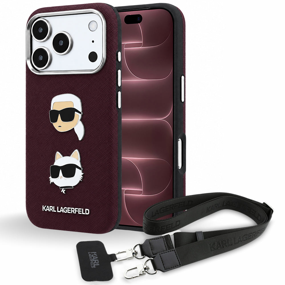 Etui za Apple iPhone 18 Pro Max / 17 Pro Max, Karl Lagerfeld, Saffiano Crossbody Karl & Choupette Head's Pins Logo, bordo