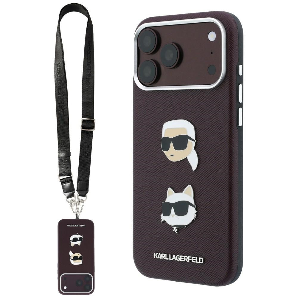 Etui za Apple iPhone 18 Pro Max / 17 Pro Max, Karl Lagerfeld, Saffiano Crossbody Karl & Choupette Head's Pins Logo, bordo