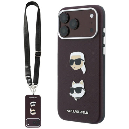 Etui za Apple iPhone 18 Pro Max / 17 Pro Max, Karl Lagerfeld, Saffiano Crossbody Karl & Choupette Head's Pins Logo, bordo