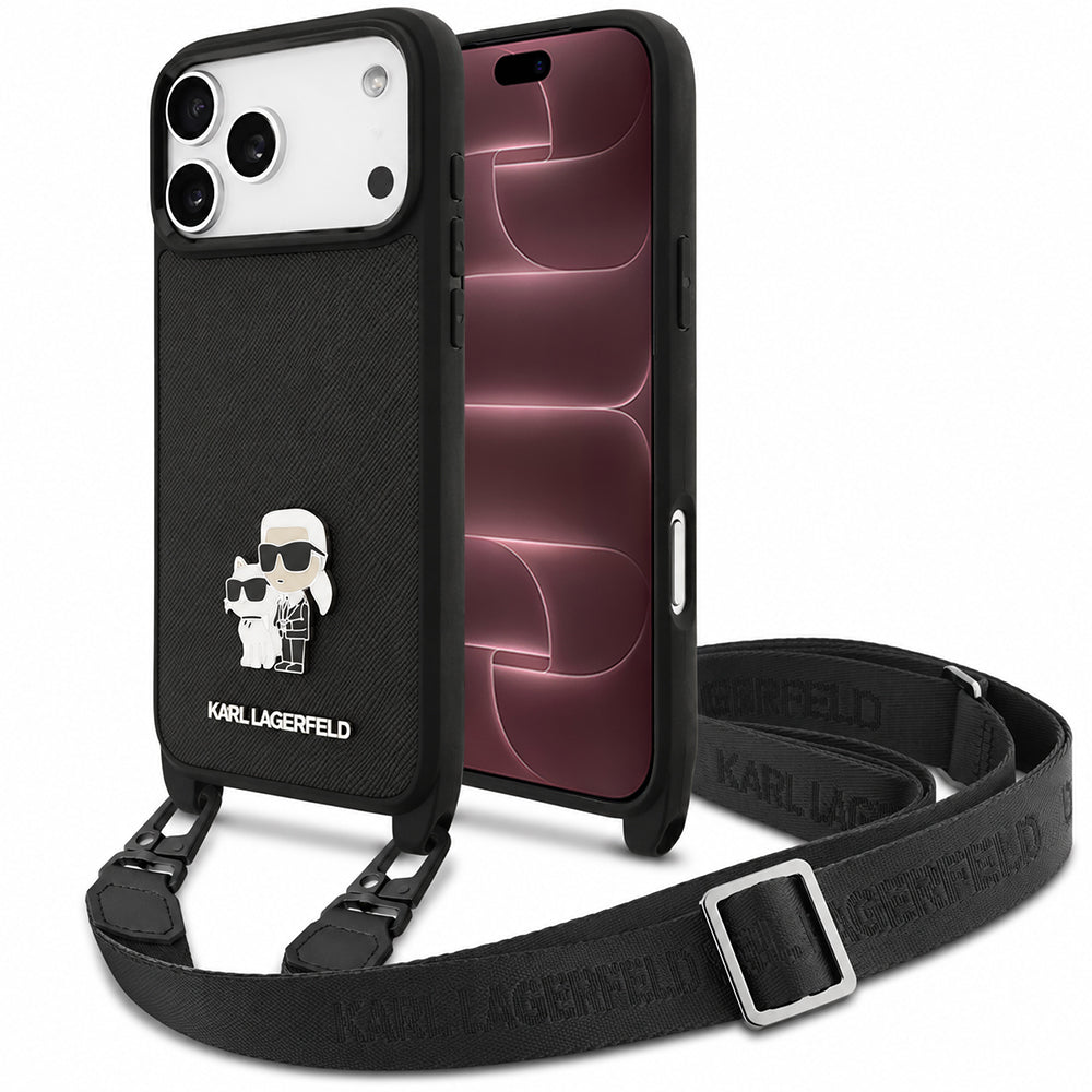 Ovitek za Apple iPhone 18 Pro Max / 17 Pro Max, Karl Lagerfeld, Saffiano Crossbody Metal Pin Karl & Choupette, črn