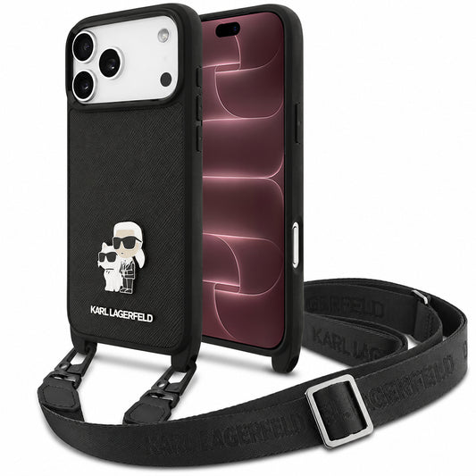 Ovitek za Apple iPhone 18 Pro Max / 17 Pro Max, Karl Lagerfeld, Saffiano Crossbody Metal Pin Karl & Choupette, črn
