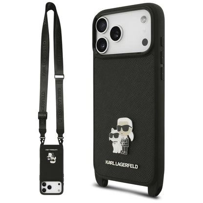 Ovitek za Apple iPhone 18 Pro Max / 17 Pro Max, Karl Lagerfeld, Saffiano Crossbody Metal Pin Karl & Choupette, črn