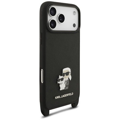 Ovitek za Apple iPhone 18 Pro Max / 17 Pro Max, Karl Lagerfeld, Saffiano Crossbody Metal Pin Karl & Choupette, črn