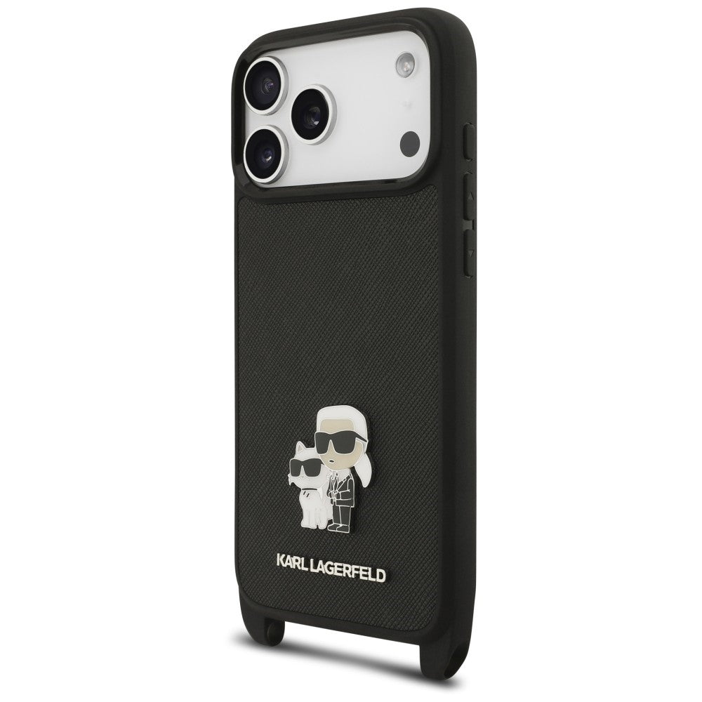 Ovitek za Apple iPhone 18 Pro Max / 17 Pro Max, Karl Lagerfeld, Saffiano Crossbody Metal Pin Karl & Choupette, črn
