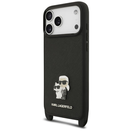 Ovitek za Apple iPhone 18 Pro Max / 17 Pro Max, Karl Lagerfeld, Saffiano Crossbody Metal Pin Karl & Choupette, črn