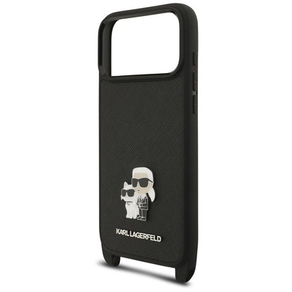 Ovitek za Apple iPhone 18 Pro Max / 17 Pro Max, Karl Lagerfeld, Saffiano Crossbody Metal Pin Karl & Choupette, črn