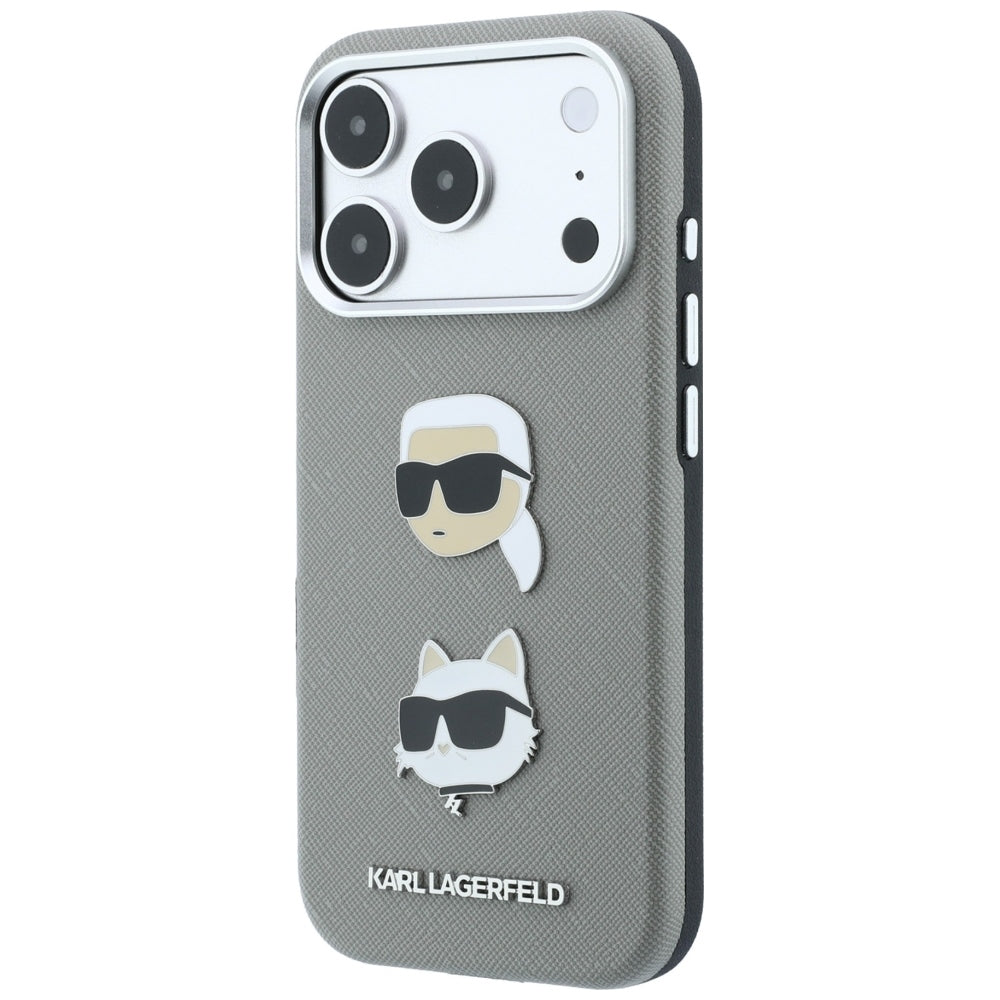 Ovitek za Apple iPhone 18 Pro Max / 17 Pro Max, Karl Lagerfeld, Saffiano z značko z glavama Karla in Choupette ter logotipom, siv