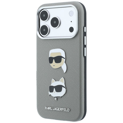 Ovitek za Apple iPhone 18 Pro Max / 17 Pro Max, Karl Lagerfeld, Saffiano z značko z glavama Karla in Choupette ter logotipom, siv