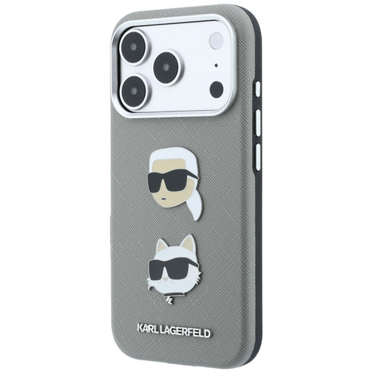 Case for Apple iPhone 18 Pro Max / 17 Pro Max, Karl Lagerfeld, Saffiano with Karl & Choupette Head's Pin and Logo, Gray