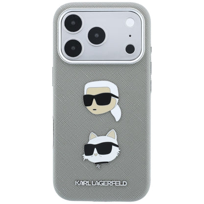 Ovitek za Apple iPhone 18 Pro Max / 17 Pro Max, Karl Lagerfeld, Saffiano z značko z glavama Karla in Choupette ter logotipom, siv