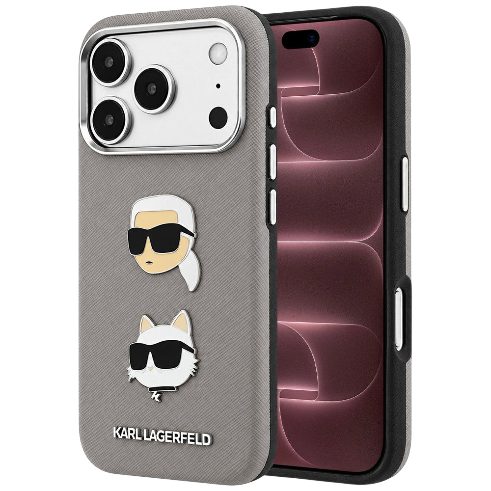 Ovitek za Apple iPhone 18 Pro Max / 17 Pro Max, Karl Lagerfeld, Saffiano z značko z glavama Karla in Choupette ter logotipom, siv