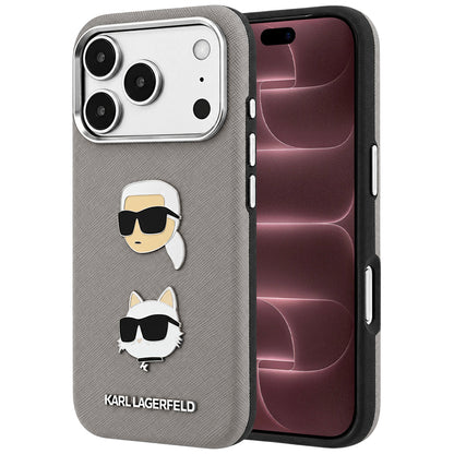 Ovitek za Apple iPhone 18 Pro Max / 17 Pro Max, Karl Lagerfeld, Saffiano z značko z glavama Karla in Choupette ter logotipom, siv