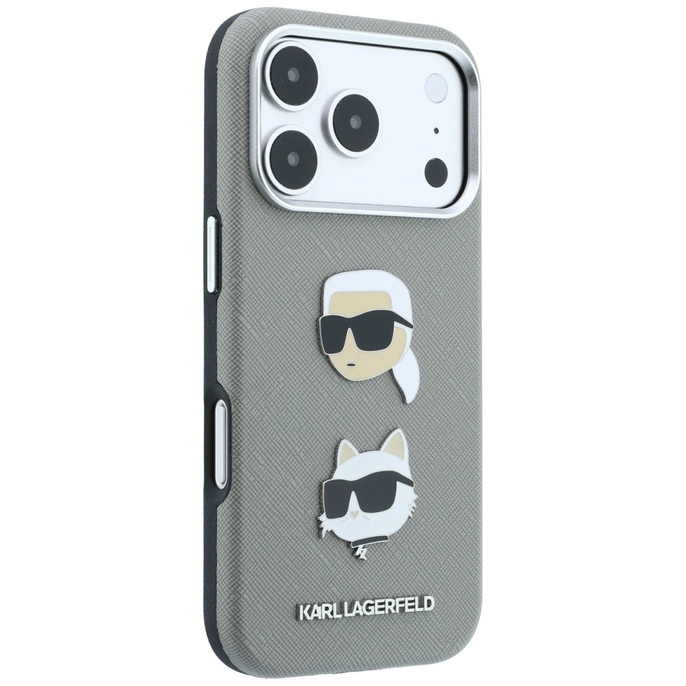 Ovitek za Apple iPhone 18 Pro Max / 17 Pro Max, Karl Lagerfeld, Saffiano z značko z glavama Karla in Choupette ter logotipom, siv