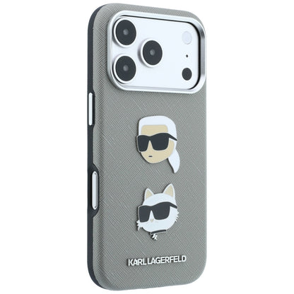 Ovitek za Apple iPhone 18 Pro Max / 17 Pro Max, Karl Lagerfeld, Saffiano z značko z glavama Karla in Choupette ter logotipom, siv