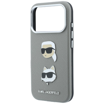 Ovitek za Apple iPhone 18 Pro Max / 17 Pro Max, Karl Lagerfeld, Saffiano z značko z glavama Karla in Choupette ter logotipom, siv