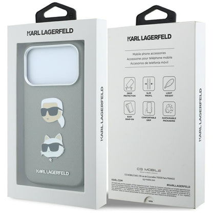 Ovitek za Apple iPhone 18 Pro Max / 17 Pro Max, Karl Lagerfeld, Saffiano z značko z glavama Karla in Choupette ter logotipom, siv