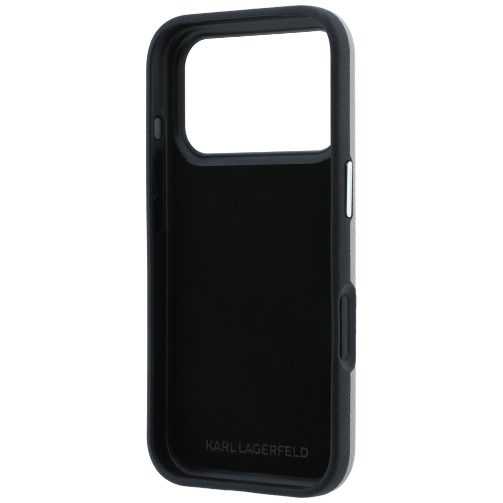 Ovitek za Apple iPhone 18 Pro Max / 17 Pro Max, Karl Lagerfeld, Saffiano z značko z glavama Karla in Choupette ter logotipom, siv