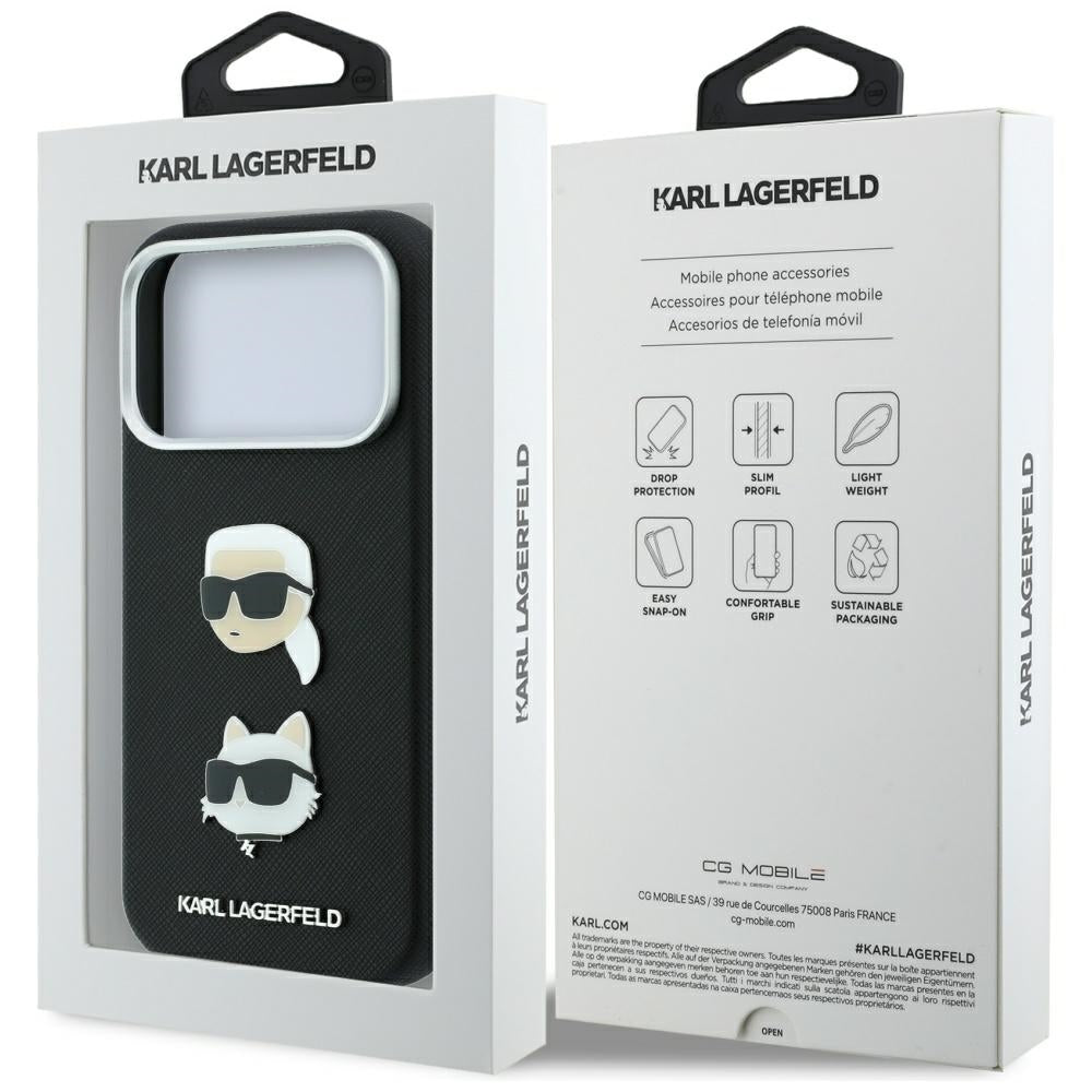 Ovitek za Apple iPhone 18 Pro Max / 17 Pro Max, Karl Lagerfeld, Saffiano s Karl & Choupette zatičem in logotipom, črn