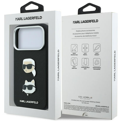 Ovitek za Apple iPhone 18 Pro Max / 17 Pro Max, Karl Lagerfeld, Saffiano s Karl & Choupette zatičem in logotipom, črn