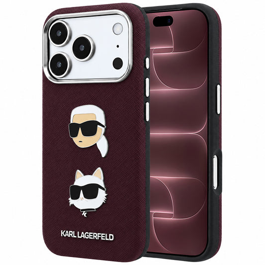 Ovitek za Apple iPhone 18 Pro Max / 17 Pro Max, Karl Lagerfeld, Saffiano z zatičem in logotipom glave Karla & Choupette, bordo