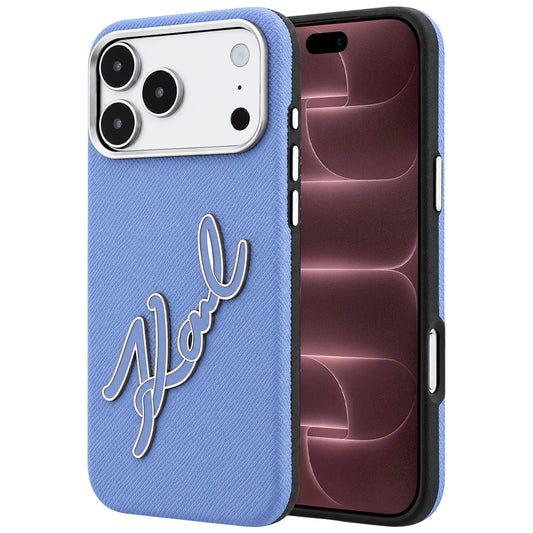 Ovitek za Apple iPhone 18 Pro Max / 17 Pro Max, Karl Lagerfeld, Gladek Velik Smolnat Logotip Podpis, Modra