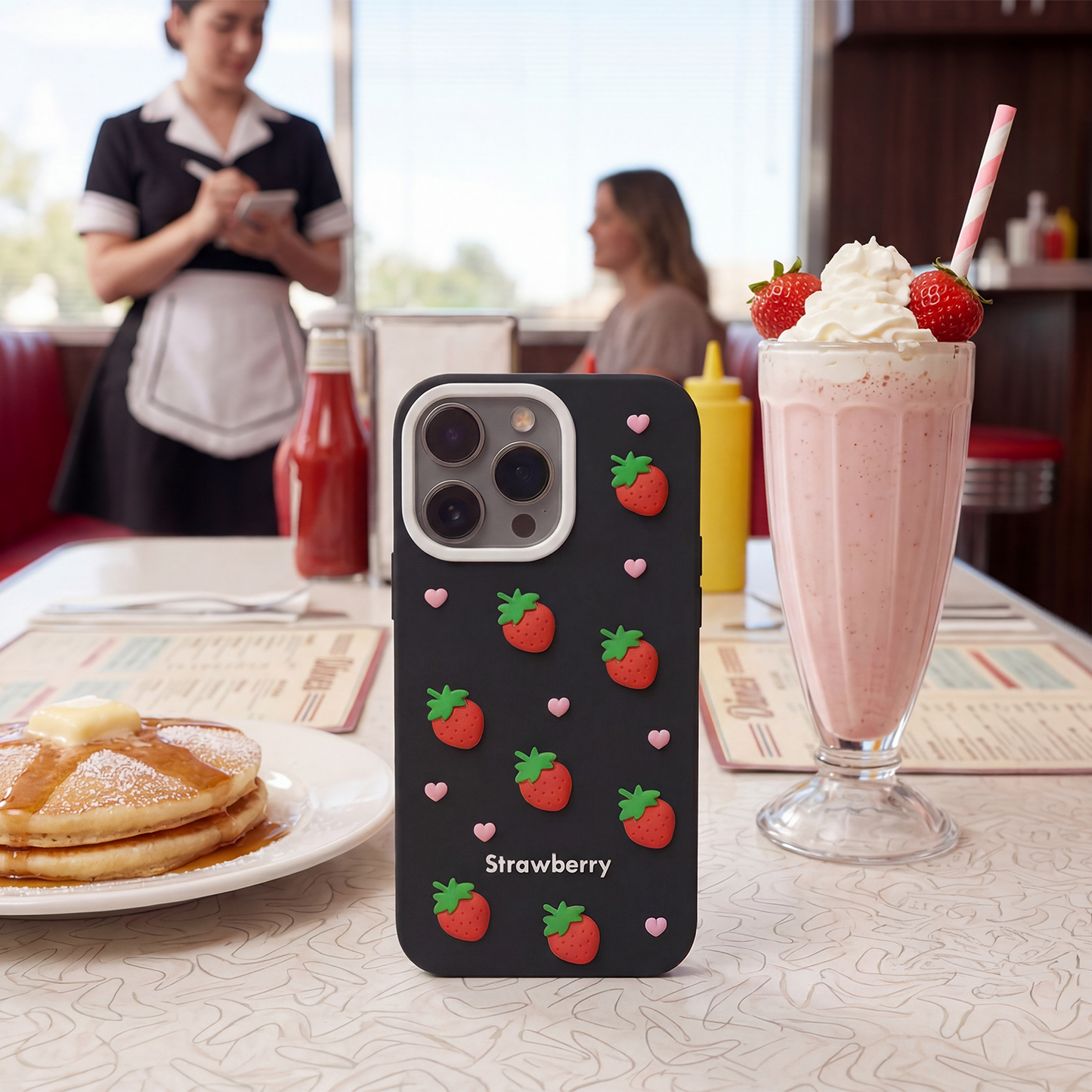 Ovitek za Apple iPhone 17 / 16, OEM, Strawberry, Črn