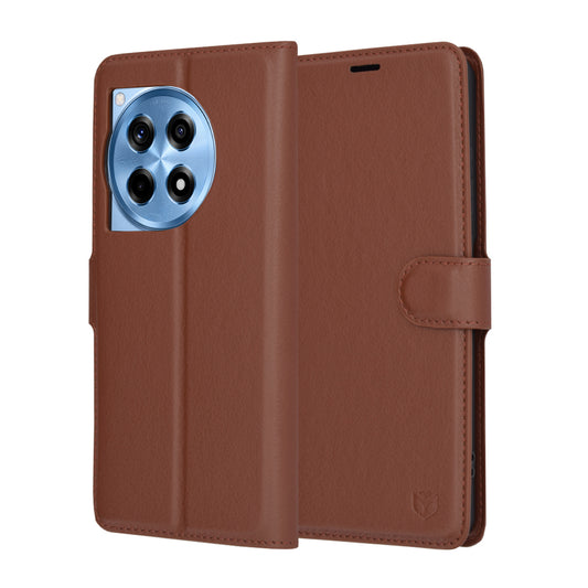 Ovitek za OnePlus 12R, Techsuit, usnjeni folio, rjav