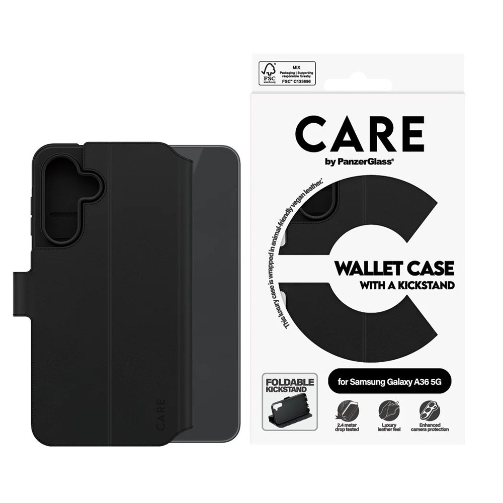 Ovitek za Samsung Galaxy A36 A366, PanzerGlass, Care Feature Kickstand Wallet, črn