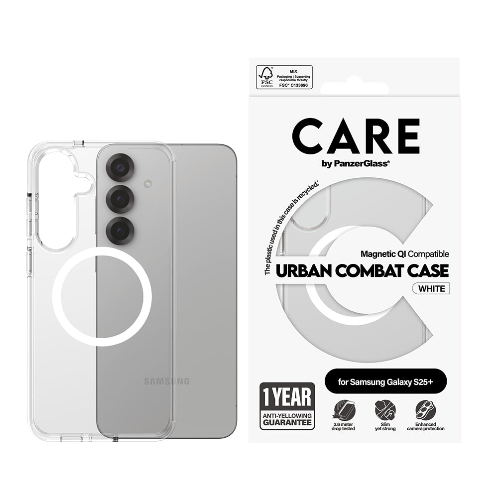 Ovitek za Samsung Galaxy S25+ S936, PanzerGlass, Care Urban Combat, Prozorno Bel