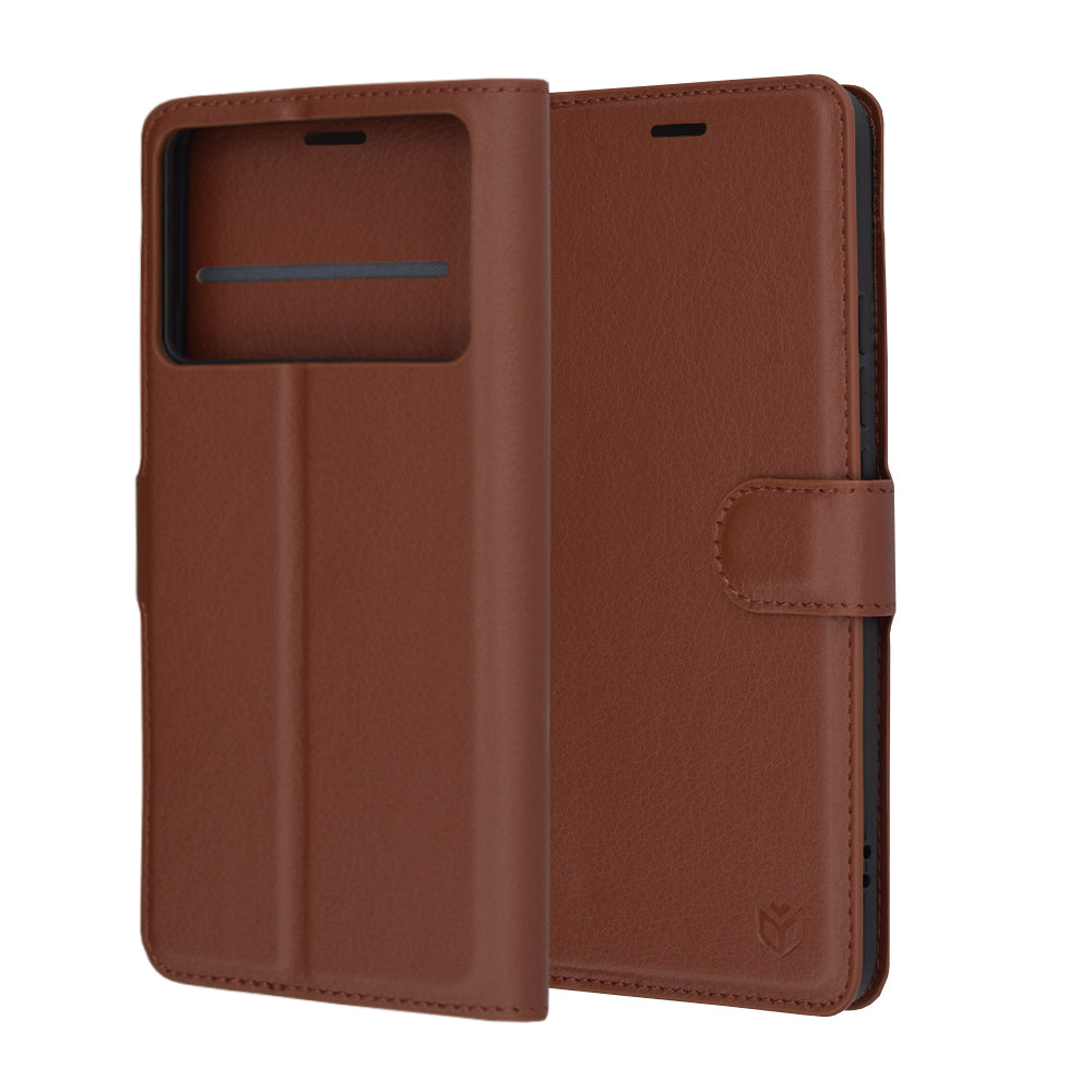 Ovitek za Xiaomi Poco F6 Pro, Techsuit, usnjeni folio, rjav