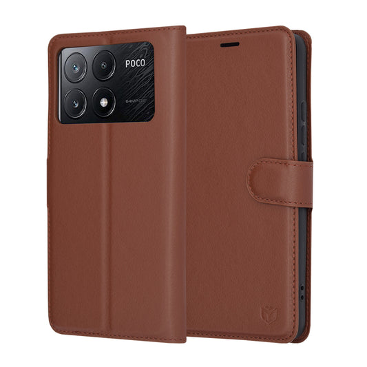 Ovitek za Xiaomi Poco X6 Pro, Techsuit, usnjeni folio, rjav