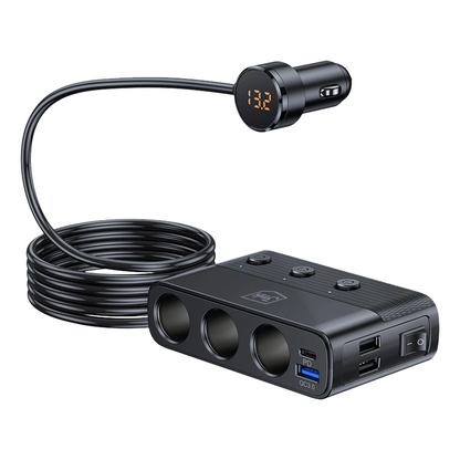 Avtomobilski polnilec 3MK Power Splitter, 120W, 3A, 3 x USB-A - 1 x USB-C - 3 x Razširitev vžigalnika, Črn