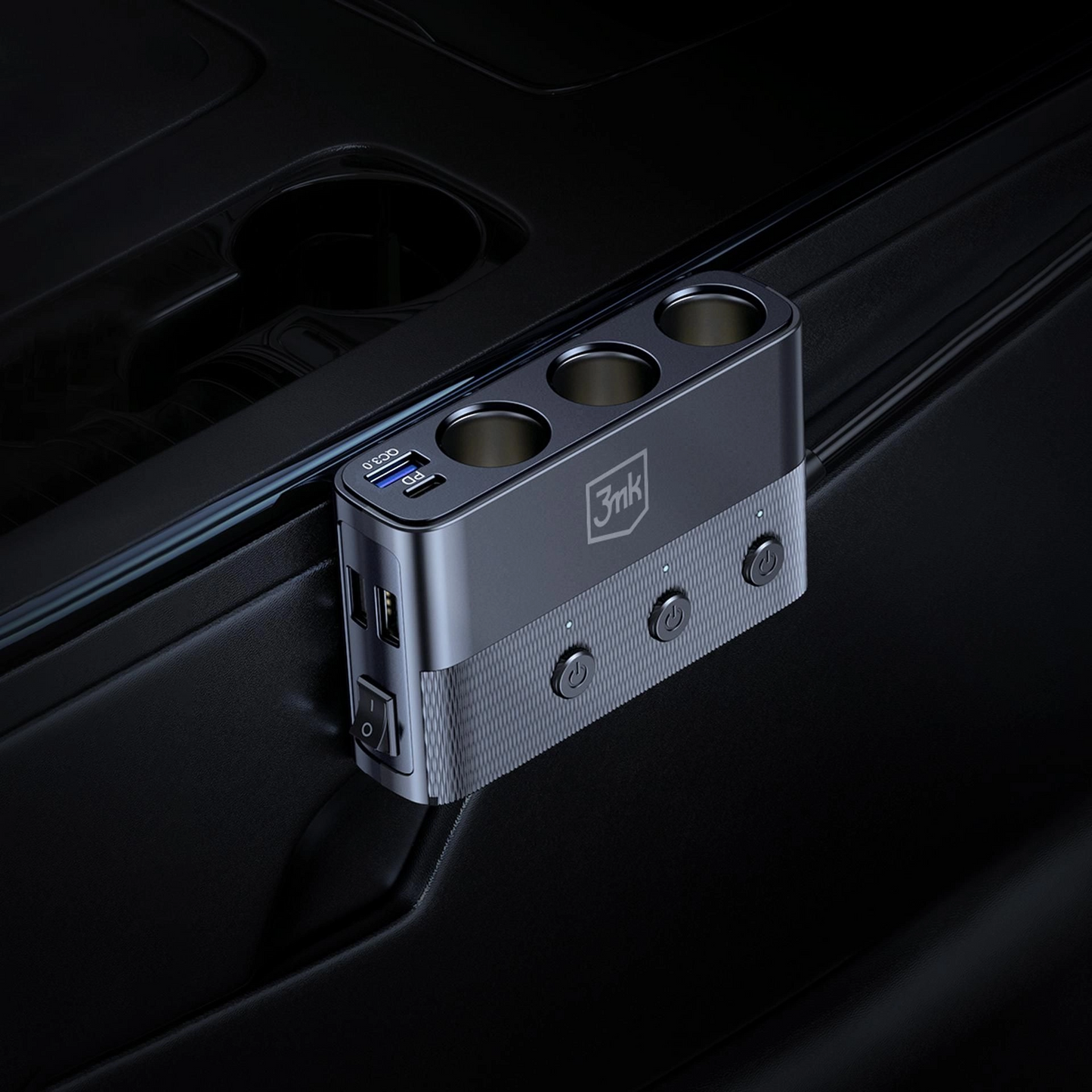 Avtomobilski polnilec 3MK Power Splitter, 120W, 3A, 3 x USB-A - 1 x USB-C - 3 x Razširitev vžigalnika, Črn