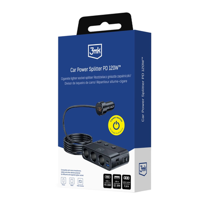 Avtomobilski polnilec 3MK Power Splitter, 120W, 3A, 3 x USB-A - 1 x USB-C - 3 x Razširitev vžigalnika, Črn