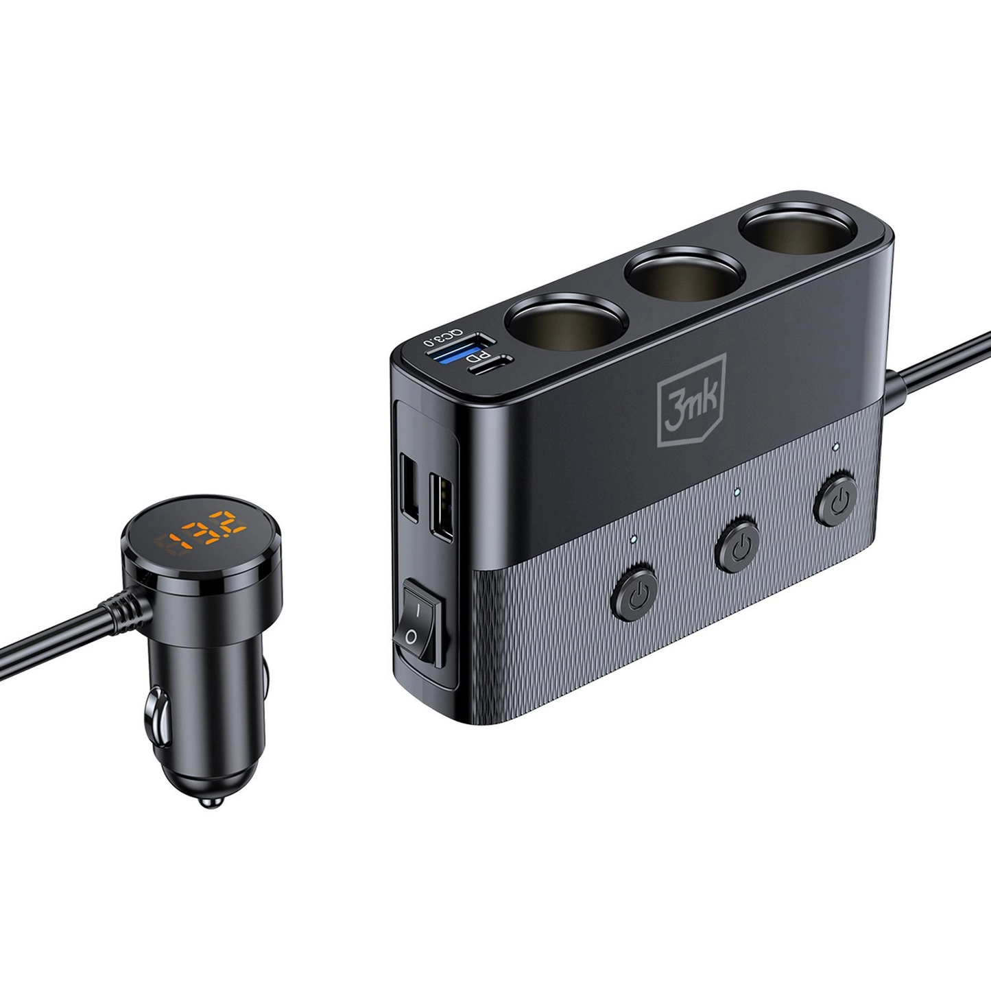 Avtomobilski polnilec 3MK Power Splitter, 120W, 3A, 3 x USB-A - 1 x USB-C - 3 x Razširitev vžigalnika, Črn
