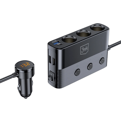 Avtomobilski polnilec 3MK Power Splitter, 120W, 3A, 3 x USB-A - 1 x USB-C - 3 x Razširitev vžigalnika, Črn