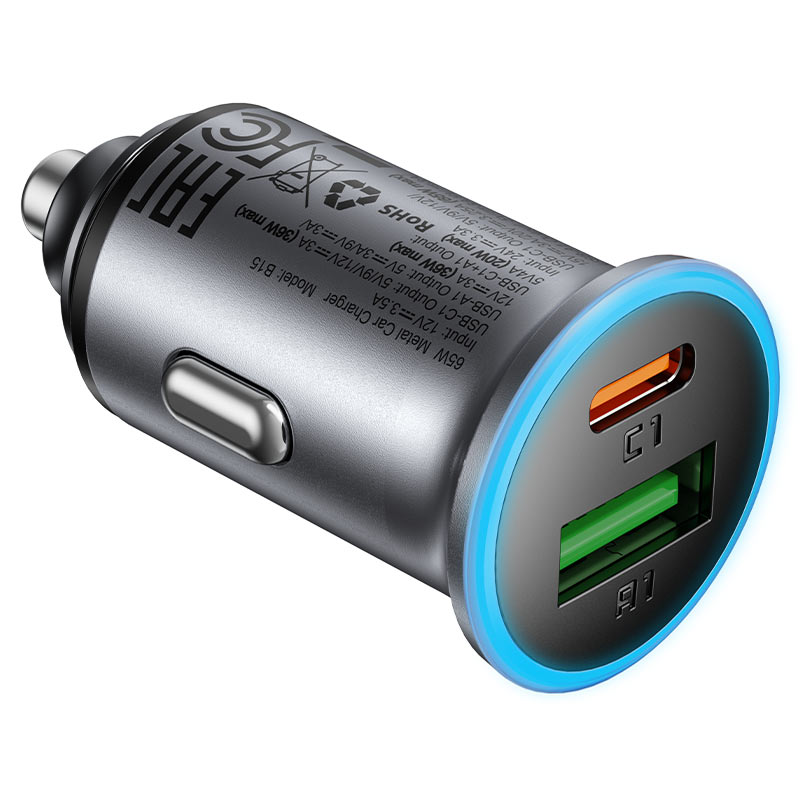 Avtomobilski polnilec Acefast B15, 65W, 3.25A, 1 X USB-A - 1 x USB-C, siv
