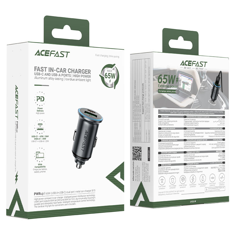 Avtomobilski polnilec Acefast B15, 65W, 3.25A, 1 X USB-A - 1 x USB-C, siv