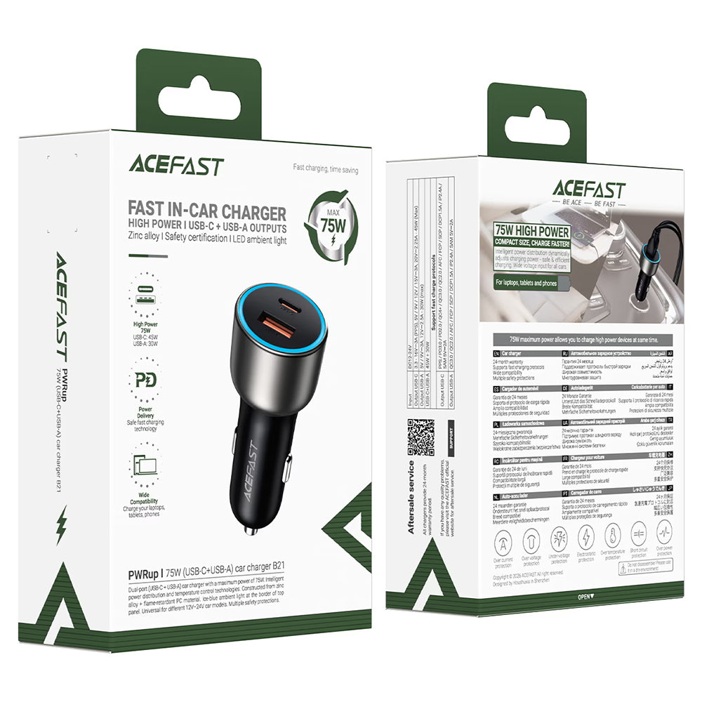 Avto polnilec Acefast B21, 75W, 3A, 1 x USB-A - 1 x USB-C, Siva