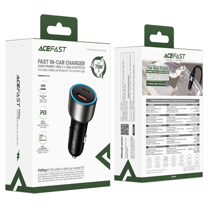 Avto polnilec Acefast B21, 75W, 3A, 1 x USB-A - 1 x USB-C, Siva