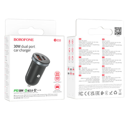Avtomobilski polnilnik Borofone BZ22 Scenery, 30 W, 3A, 1 x USB-A - 1 x USB-C, črn 