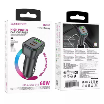 Avtomobilski polnilec Borofone BZ28C Trophie, 60W, 3A, 1 x USB-A, 2 x USB-C, črn