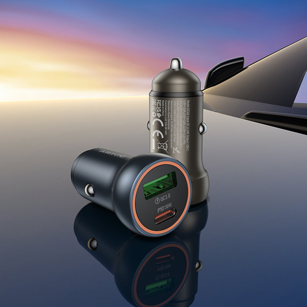 Avtomobilski polnilec Borofone BZ32A Fresh, 30W, 3A, 1 x USB-A - 1 x USB-C, Siv