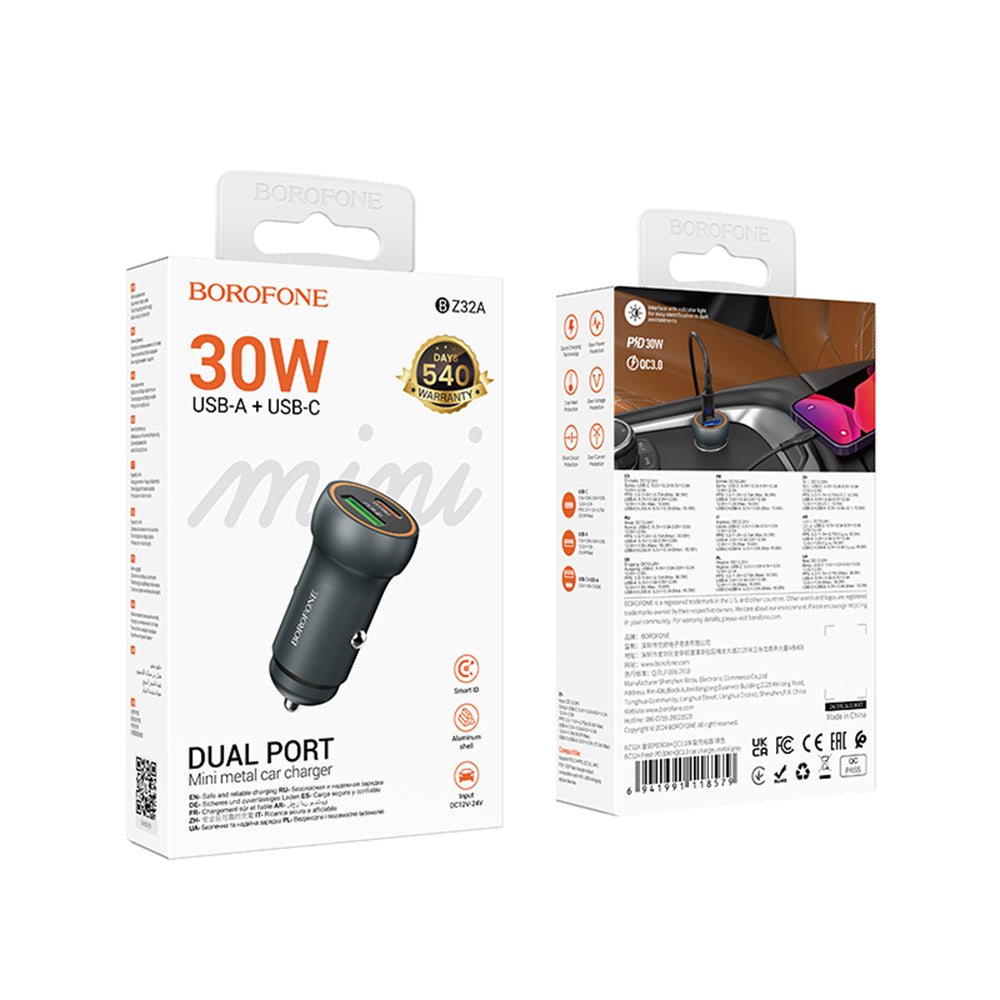 Avtomobilski polnilec Borofone BZ32A Fresh, 30W, 3A, 1 x USB-A - 1 x USB-C, Siv