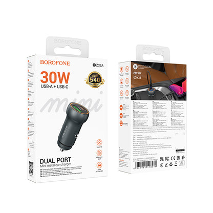 Avtomobilski polnilec Borofone BZ32A Fresh, 30W, 3A, 1 x USB-A - 1 x USB-C, Siv