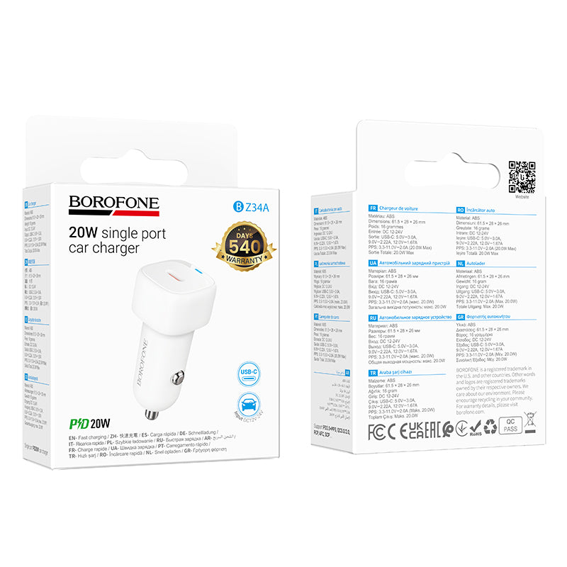 Avtomobilski polnilec Borofone BZ34A Cloud, 20W, 3A, 1 x USB-C, Bel