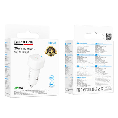 Avtomobilski polnilec Borofone BZ34A Cloud, 20W, 3A, 1 x USB-C, Bel