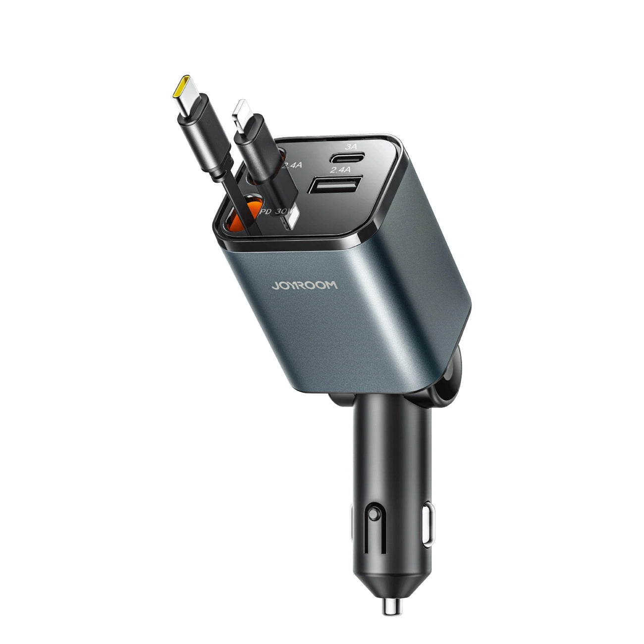 Avtomobilski polnilec z USB-C / Lightning kablom Joyroom JR-CCL05, 30W, 3A, 1 x USB-A - 1 x USB-C, siv